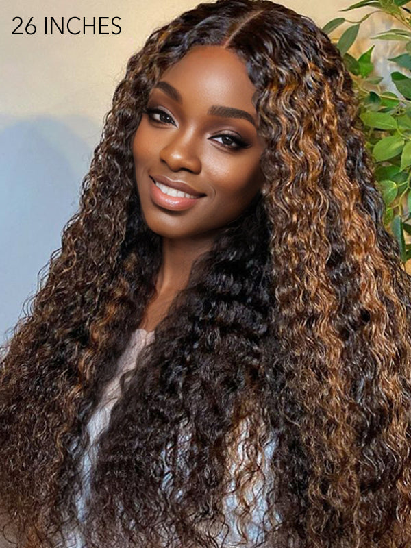 water wave brown wig with blonde highlights