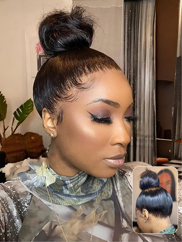 straight 360 glueless wig high bun style