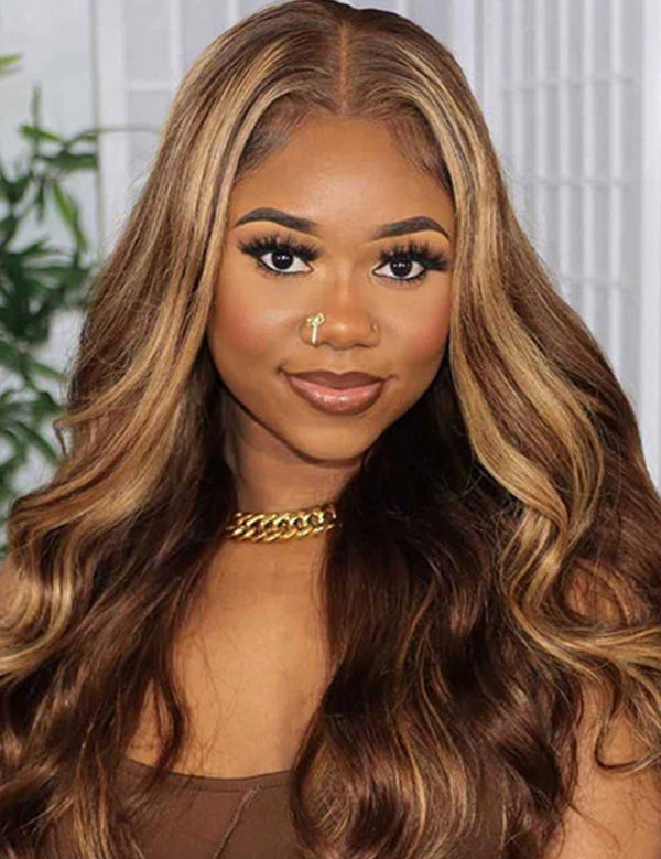 Flash Sale Wavymy Pre-cut Lace Wear Go 4/27 Honey Blonde Highlight Color Glueless Wig 7x5 Lace Closure Preplucked with Natural Hairline Wig