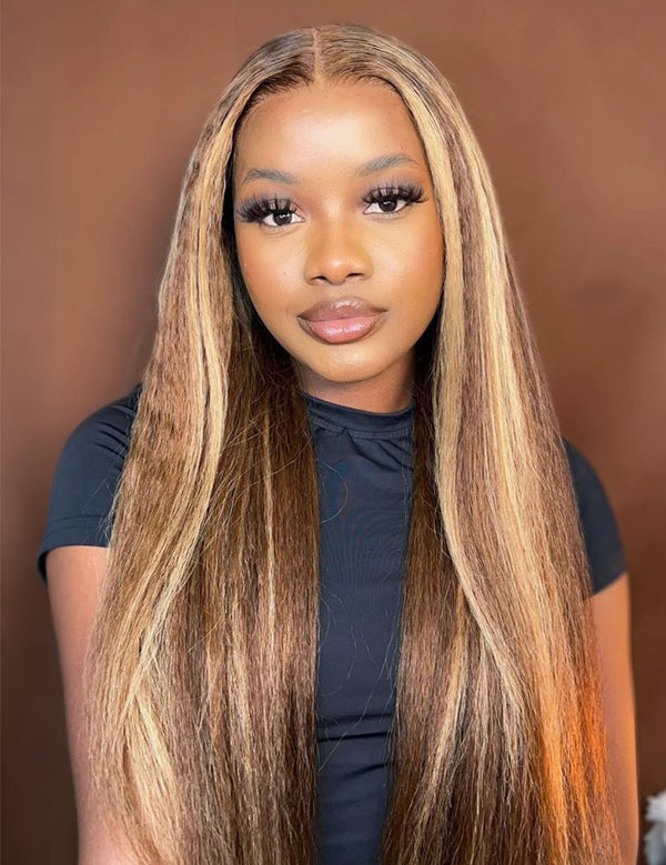 Flash Sale Wavymy Pre-cut Lace Wear Go 4/27 Honey Blonde Highlight Color Glueless Wig 7x5 Lace Closure Preplucked with Natural Hairline Wig
