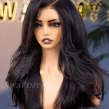 Wavymy 3 In 1 Style Yaki Lazy Waves Pre-Styled Layered Cut Hair Wear Go Glueless 7x5 Lace Wig Human Hair Wig