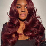 Wavymy 99J Burgundy Layered Cut Loose Wave Wear Go Glueless Wigs 6x4 Lace Closure Wigs 180% Density