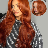 Wavymy Burnt Orange Layered Cut Body Wave Wear Go Glueless Wigs 6x4 Lace Closure Wigs 180% Density