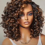 Wavymy Copper Highlight / Natural Black Bouncy Curly Wig 7x5 Lace Wear Go Glueless Wig 180% Density