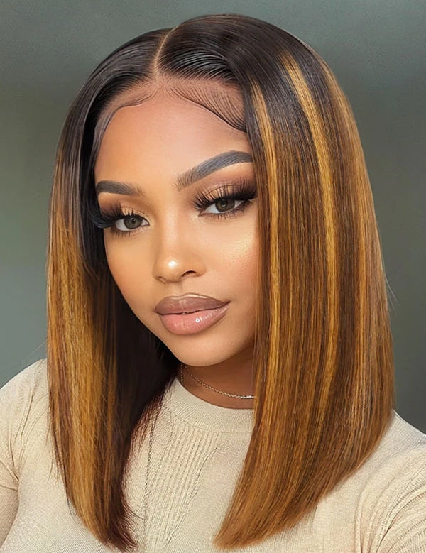 honey brown highlight glueless bob wigs