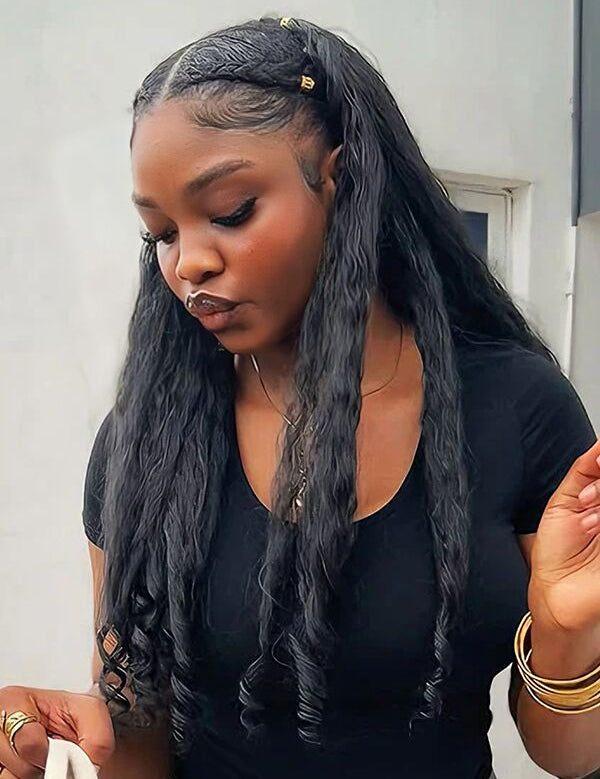 human hair kinky straight half wig with spiral curly ends