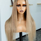 Wavymy Ombre Ash Blonde Hair with Brown Root Straight Hair 6x4 Lace Wear Go Glueless Wig 180% Density
