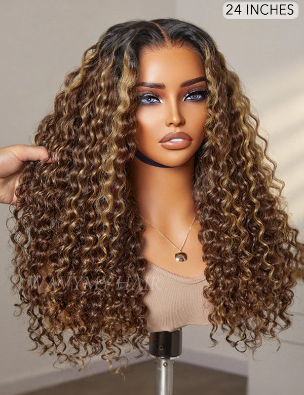 24 inch 7x5 lace glueless nature wave ombre blonde highlights wig