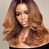 Wavymy Ombre Brown Layered Wave Wig Wear Go Glueless 7x5 Lace Pre-Plucked Human Hair Wigs
