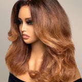 Wavymy Ombre Brown Layered Wave Wig Wear Go Glueless 7x5 Lace Pre-Plucked Human Hair Wigs