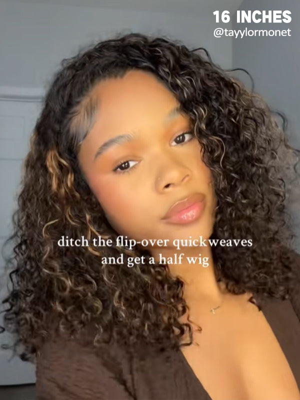 16 inch highlight water wave half wig human hair flip over quick weave