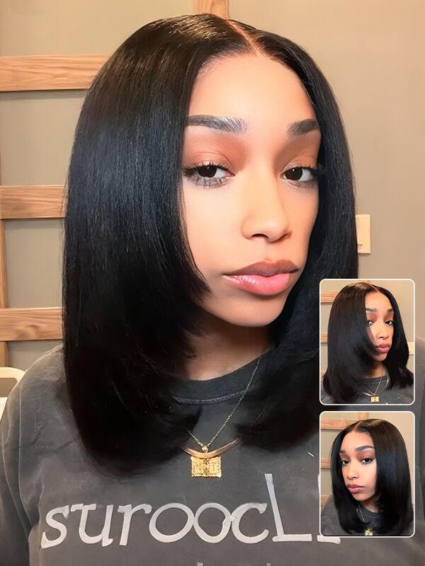 human hair yaki straight layered glueless bob wigs