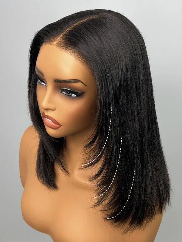 100% human hair yaki straight layered bob wig