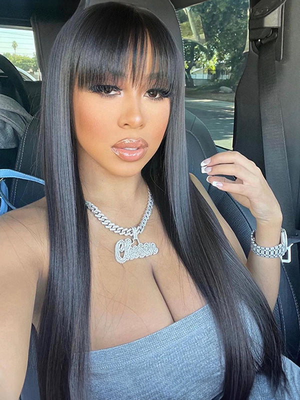 human hair straight wig with bangs