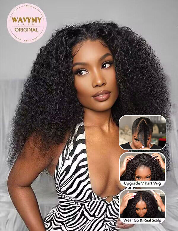 Afro curly glueless v part wig human hair