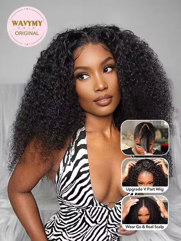 Afro curly glueless v part wig human hair 