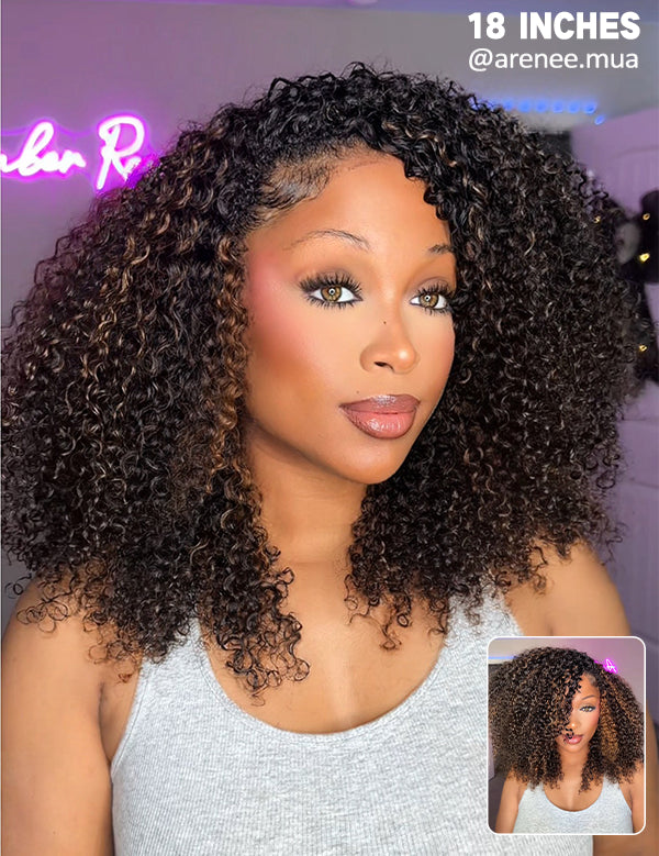 Wavymy Highlight Kinky Curly Upgrade 3 In 1 Drawstring Half Wigs No Lace No Glue Human Hair
