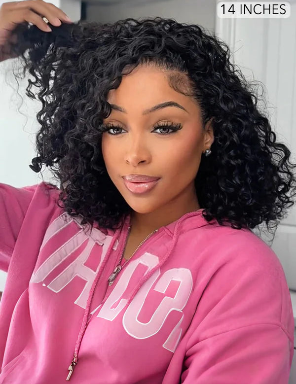 14 inch black water wave half wig human hair