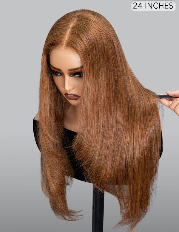24 inch human hair chestnut brown straight layered glueless wig