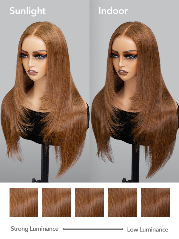 chestnut brown straight layered glueless wig: sunlight vs indoor look