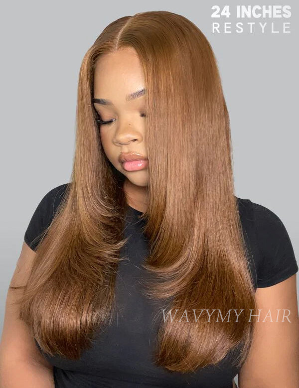 22 inch layered chestnut brown straight glueless wig