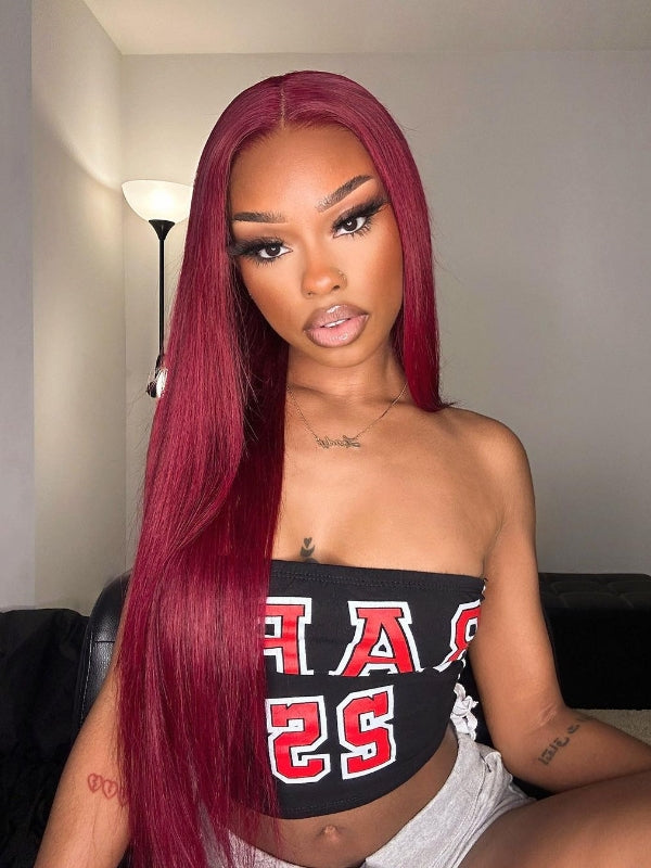 human hair straight 99j hair color wig middle part