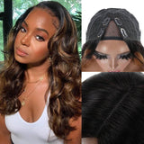 Wavymy Balayage Highlight Body Wave V Part Wigs Beginner Friendly No Glue No Sew No Gel Human Hair Thin Part Customized Colors Wig 180% Density