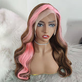 Wavymy Strawberry Pink With  Chocolate  Skunk Stripe Color Wig 13x4 Highlights Lace Front Ombre Wig Virgin Human Hair