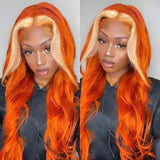 Wavymy Ginger Orange With Blonde Skunk Stripe Color Body Wave Wig 13x4 Highlights Lace Human Hair Ombre Wigs