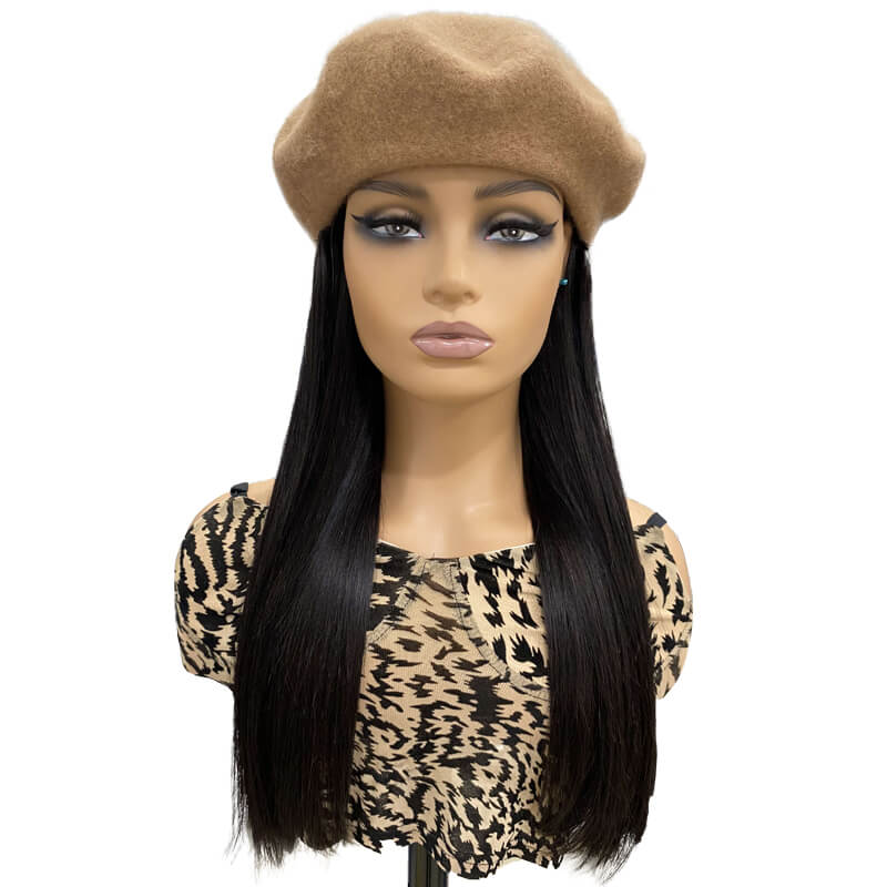 Wavymy Straight Lady Beret Hat Wigs Beret Hat With Human Hair Attached