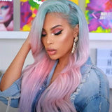 rainbow human hair wig pink turquoise and purple