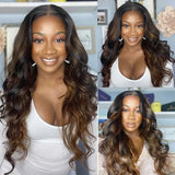 Wavymy Balayage Highlight Body Wave V Part Wigs Beginner Friendly No Glue No Sew No Gel Human Hair Thin Part Customized Colors Wig 180% Density