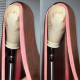 Wavymy Strawberry Pink With  Chocolate  Skunk Stripe Color Wig 13x4 Highlights Lace Front Ombre Wig Virgin Human Hair