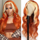 Wavymy Ginger Orange With Blonde Skunk Stripe Color Body Wave Wig 13x4 Highlights Lace Human Hair Ombre Wigs