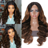 Wavymy Balayage Highlight Body Wave V Part Wigs Beginner Friendly No Glue No Sew No Gel Human Hair Thin Part Customized Colors Wig 180% Density