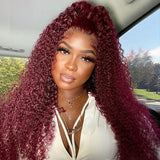 Wavymy Kinky Curly 99J 13x4 Lace Front Wigs Pre Plucked Burgundy Color Hair Human Hair Wigs