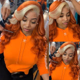Wavymy Ginger Orange With Blonde Skunk Stripe Color Body Wave Wig 13x4 Highlights Lace Human Hair Ombre Wigs