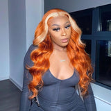 Wavymy Ginger Orange With Blonde Skunk Stripe Color Body Wave Wig 13x4 Highlights Lace Human Hair Ombre Wigs