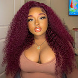 Wavymy Kinky Curly 99J 13x4 Lace Front Wigs Pre Plucked Burgundy Color Hair Human Hair Wigs