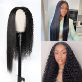 Wavymy V Part 2 In 1 Wig Curly Magic Wet And Wavy V Part Curly Human Hair Black Wig 180% Density Customized Wigs