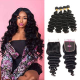 Wavymy Loose Deep Wave Natural Color Human Hair Weave 4 Bundles with 5x5 Lace Closure