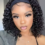 Wavymy Water Wave Headband Bob Wigs With Pre-attached Scarf Human Hair Wigs 180% Density