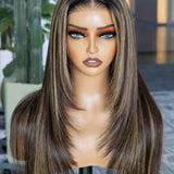 Wavymy Layered Cut Balayage Highlight Wear Go Glueless Lace Pre-Bleached Straight Wigs Pre-pluck 180% Density Human Hair Wigs