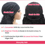 Wavymy Water Wave Headband Bob Wigs With Pre-attached Scarf Human Hair Wigs 180% Density