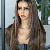 Wavymy Layered Cut Balayage Highlight Wear Go Glueless Lace Pre-Bleached Straight Wigs Pre-pluck 180% Density Human Hair Wigs