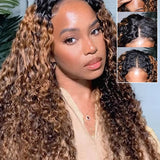Wavymy  Balayage Highlight Kinky Curly V Part Wigs Beginner Friendly No Glue No Sew No Gel Human Hair Thin Part Wig 180% Density