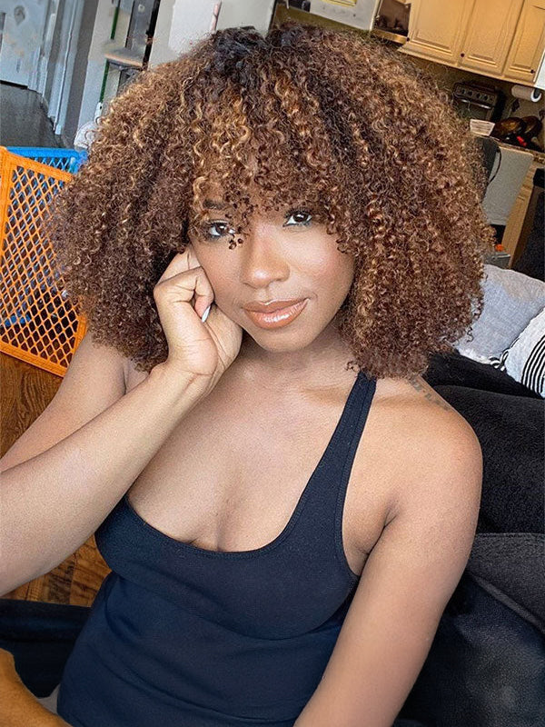 Wavymy Short Wigs Machine Made Highlight Balayage Color Wig Afro Curly Human Hair Bob Wigs With Bangs