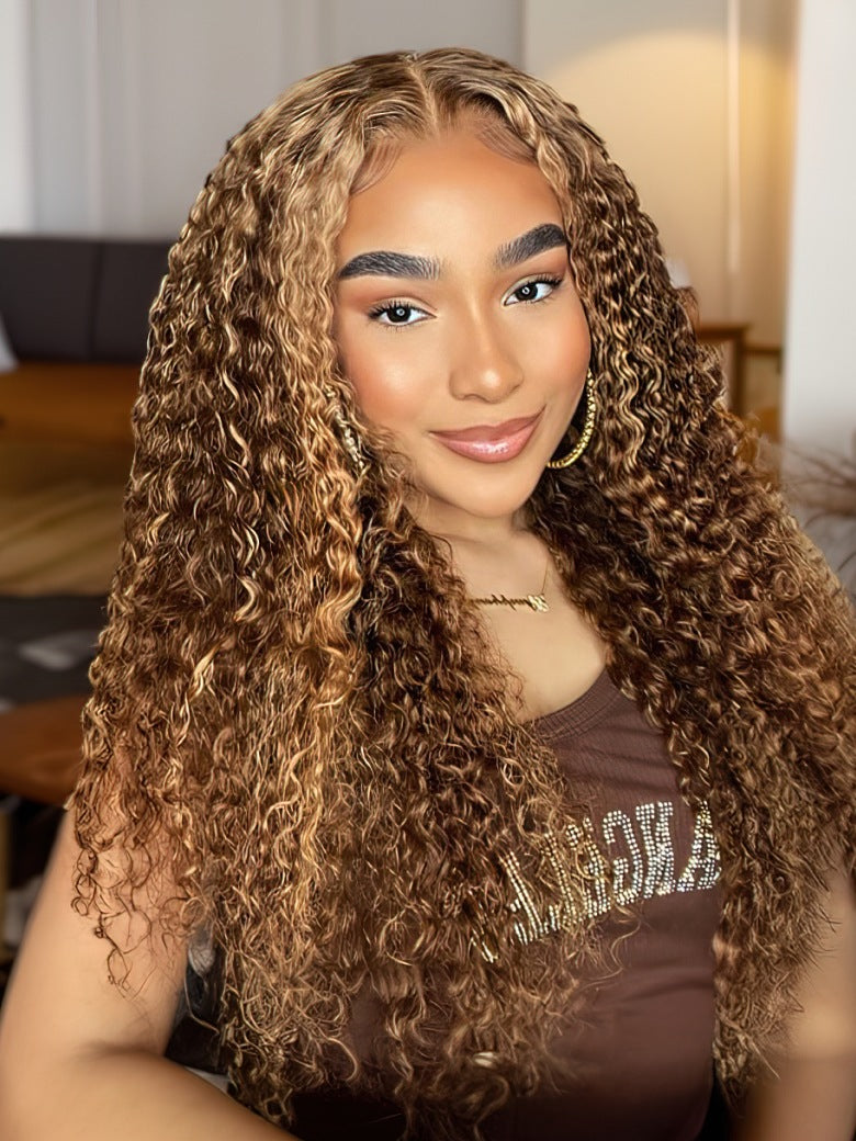 Wavymy Afro Wig Honey Blonde Highlight 13x4 Lace Front Kinky Curly Human Hair Wigs Balayage Color Wig 8-28 Inch