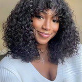 Wavymy Jerry Curly Human Hair Wigs With Bangs Full Machine Made Wig Virgin Hair Wigs