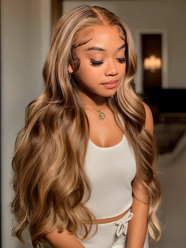 Wavymy Real Hair Wigs 4/27 Honey Blonde Highlight Color 4x6 Lace Wear And Go Glueless Wigs